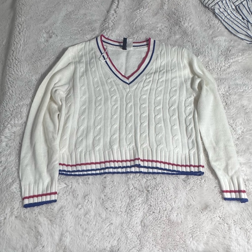 Divided Red and White V-Neck Sweater